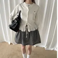 高端货~白色荷叶边下摆小香风针织棉开衫女蝴蝶结绣花长袖小外套
