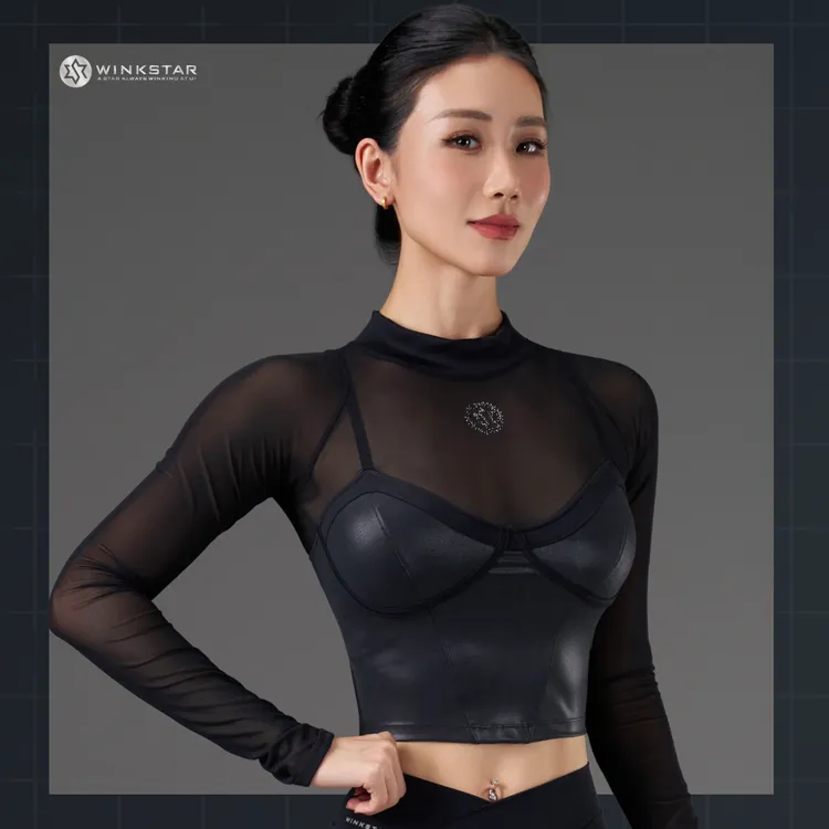 winkstar拼纱长袖运动T恤健身瑜伽舞蹈