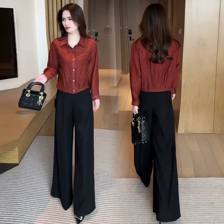 时尚套装女2025春季新款洋气质显瘦豹纹衬衫高腰阔腿裤显瘦两件套