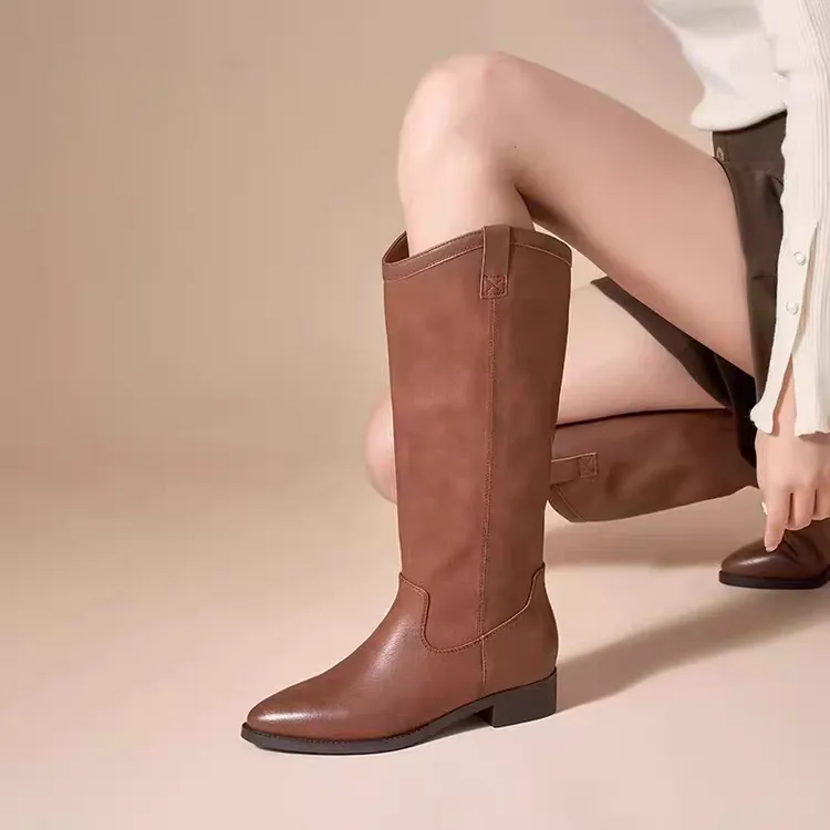 【迪拉】Y55-复古西部牛仔靴女2025秋冬新款网红爆款尖头V口瘦瘦靴