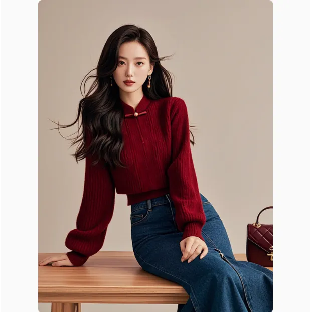 新年战袍酒红色新中式轻国风盘扣毛衣女款2025新款冬季内搭针织衣