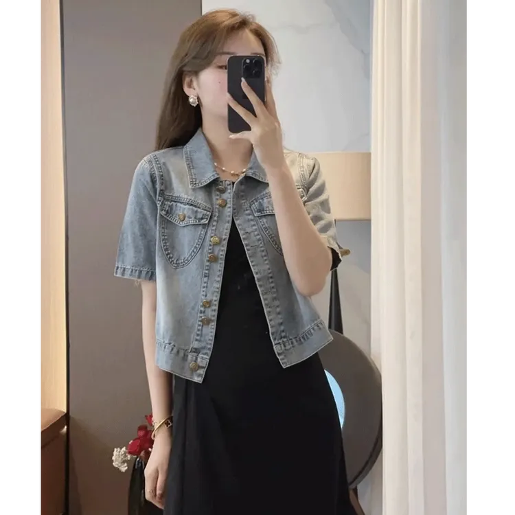 【安妮专属】夏季薄款牛仔短袖衬衫女新款小个子百搭显瘦披肩上衣