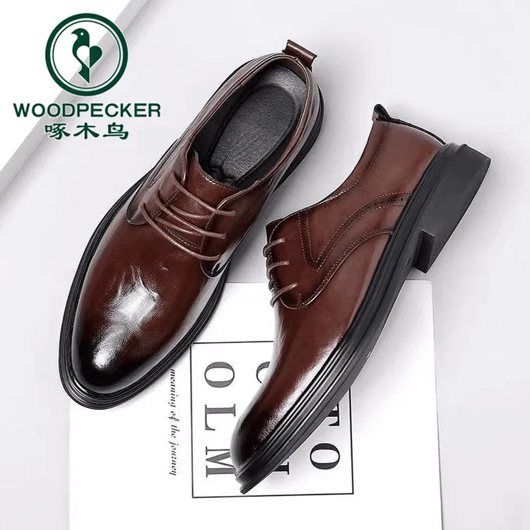啄木鸟男士纯色系带低跟休闲皮鞋真皮大底休闲鞋英伦机能潮鞋