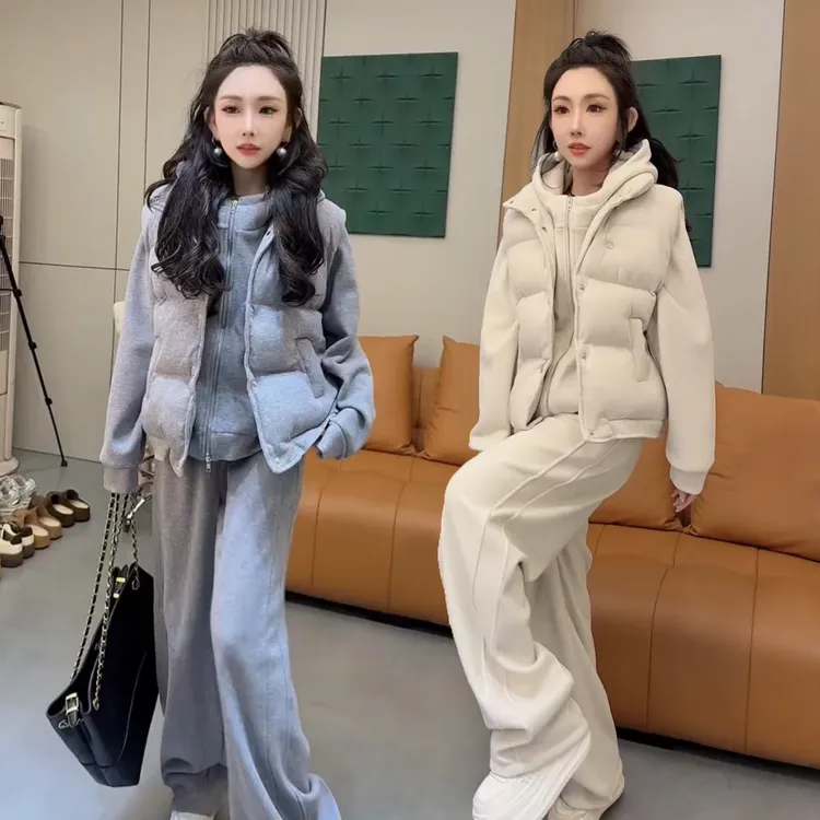 新款韩版保暖套装女棉马甲加绒厚卫衣卫裤2025秋冬休闲运动三件套