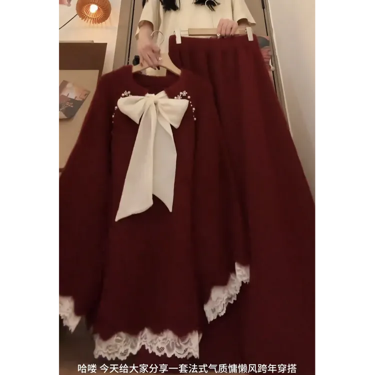超火一整套2025秋冬新款时尚圣诞新年慵懒风洋气毛衣半身裙两件套