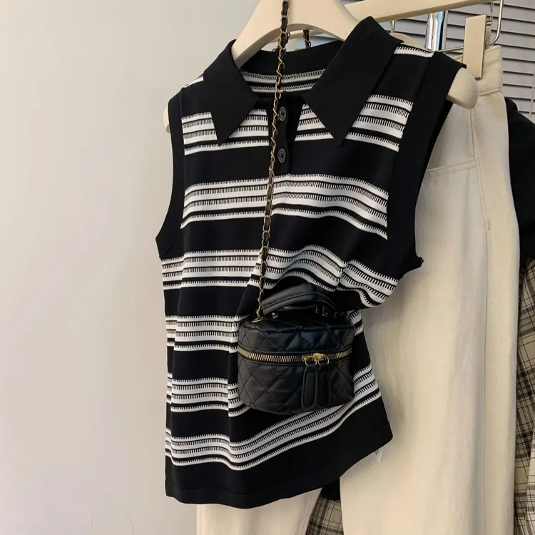 宽松显瘦【80-200斤】条纹翻领法式冰丝背心女撞色Polo领无袖上衣