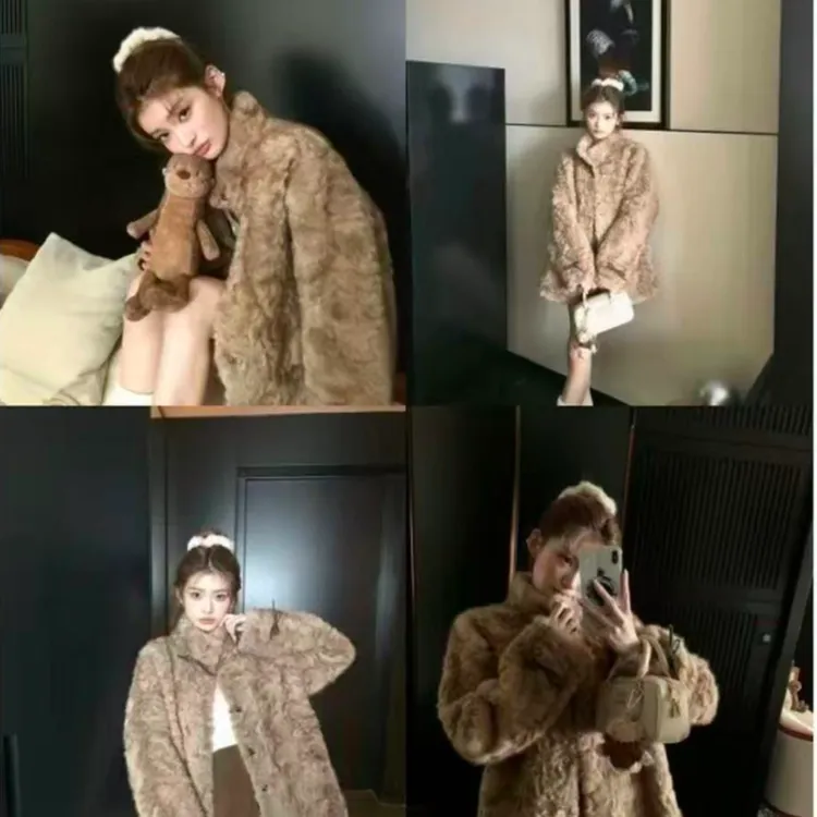 小熊心事 新款立领加厚环保皮毛一体外套女千金感短款毛毛大衣