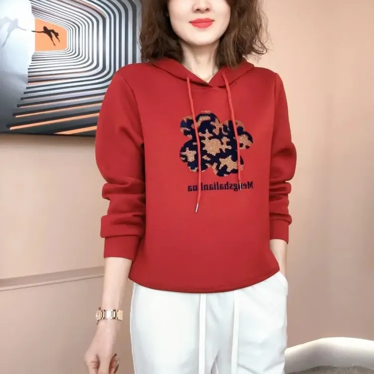 秋季新款空气棉连帽宽松显瘦百搭长袖上衣刺绣植绒烫钻减龄卫衣女