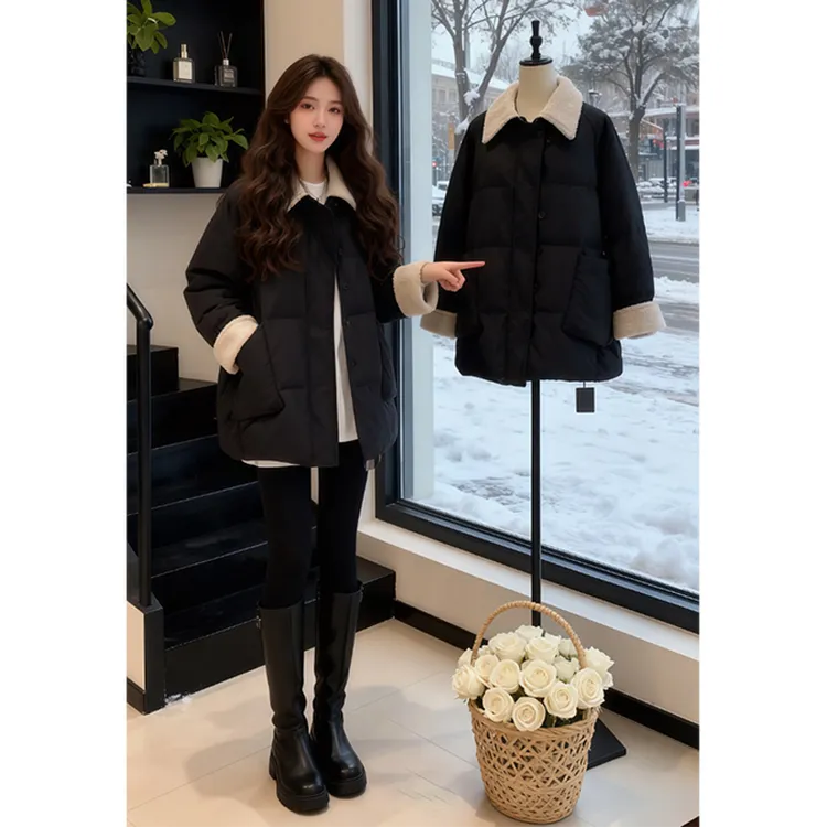 欧洲站棉衣棉服拼接翻领黑色中长款面包服女风衣保暖宽松冬季
