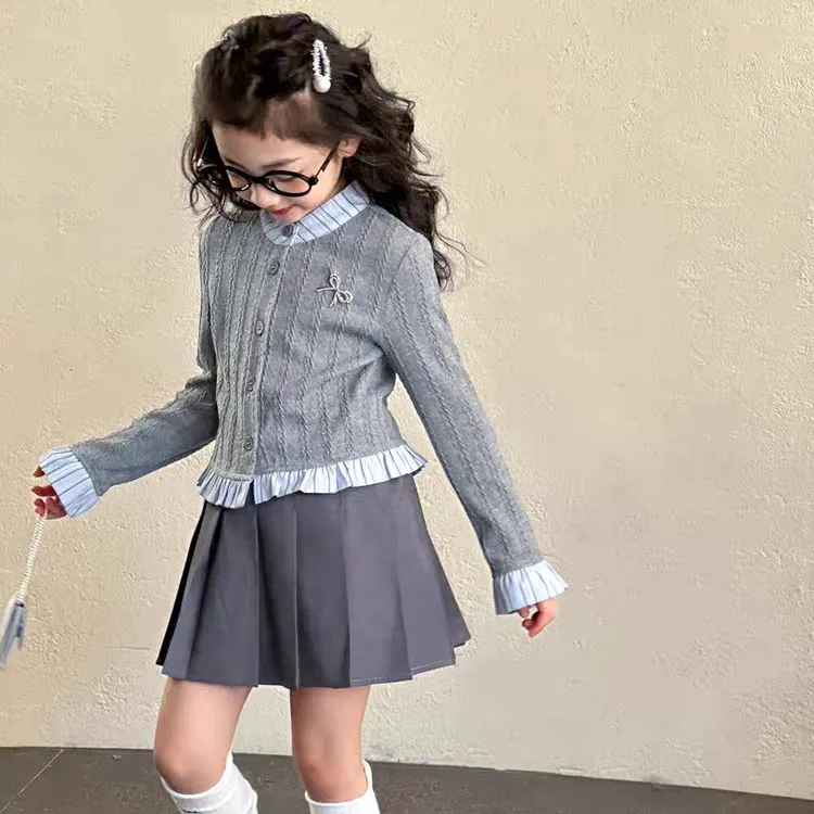 女童学院风套装2025春秋新款儿童假两件开衫百褶裙时尚休闲套装