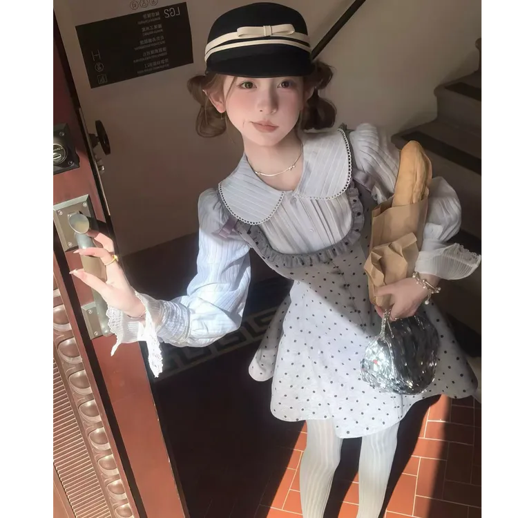 【知更记忆】韩系甜美少女2025春季蝴蝶结波点收腰花边背心裙配衬衫