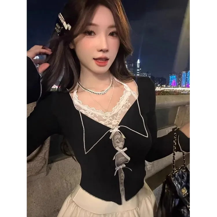 红色性感纯欲风假两件挂脖蕾丝长袖t恤女辣妹显瘦短款设计感法式
