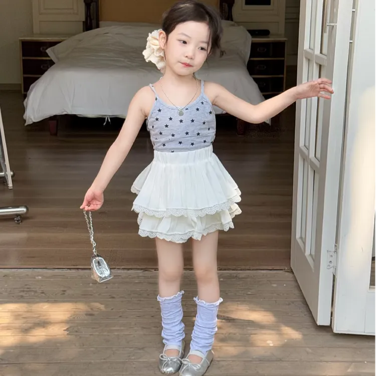 壹妈韩版童装女童2025夏季新款甜美星星背心蕾丝花边短裙儿童套装
