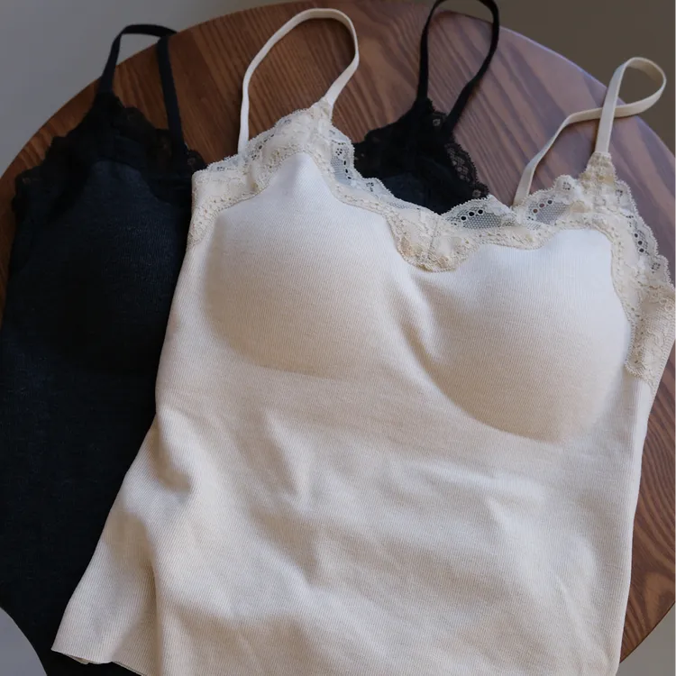 秋冬季蕾丝保暖吊带背心女士带胸垫桑蚕丝微磨毛内搭外穿打底上衣