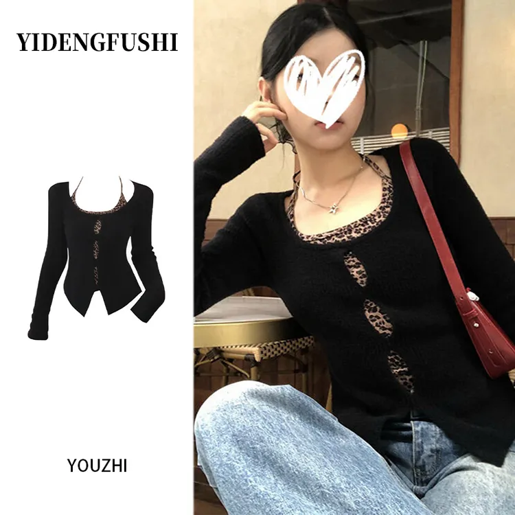 韩系穿搭黑色长袖t恤女2025秋季修身叠穿豹纹挂脖吊带上衣两件套