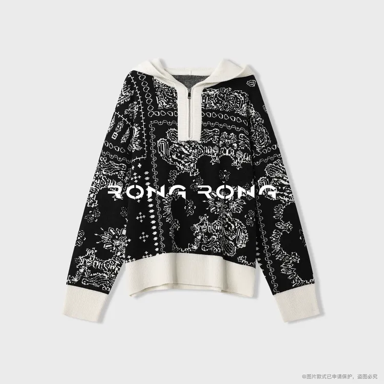 溶溶【画境烟墨】RONGRONG羊毛混纺波西米亚风连帽半开领毛衣25S187