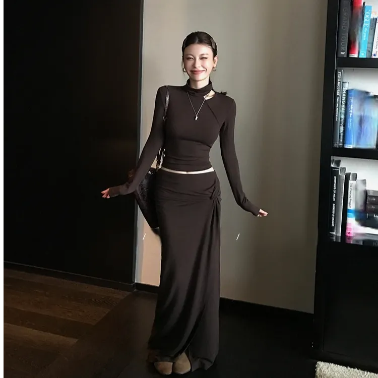 INSTUNNING气质高领加绒加厚长袖半裙套装秋冬季辣妹修身包臀长裙