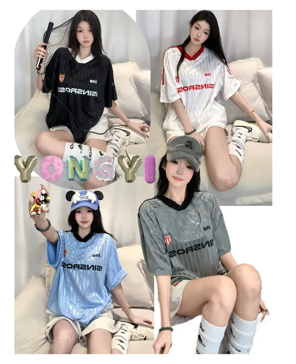 夏季拼色条纹织带印花宽松休闲凉感运动V领半袖插肩袖T恤男女款