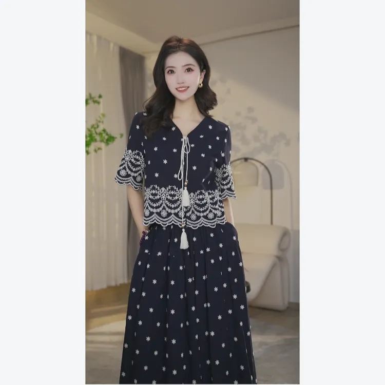 【婷婷甄选】Tomorrow Rose女V领法式短袖衬衣裙子2512157藏青色