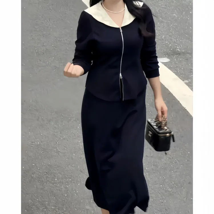 早秋大码女装时尚风娃娃领针织开衫半身裙两件套新款胖mm显瘦套装
