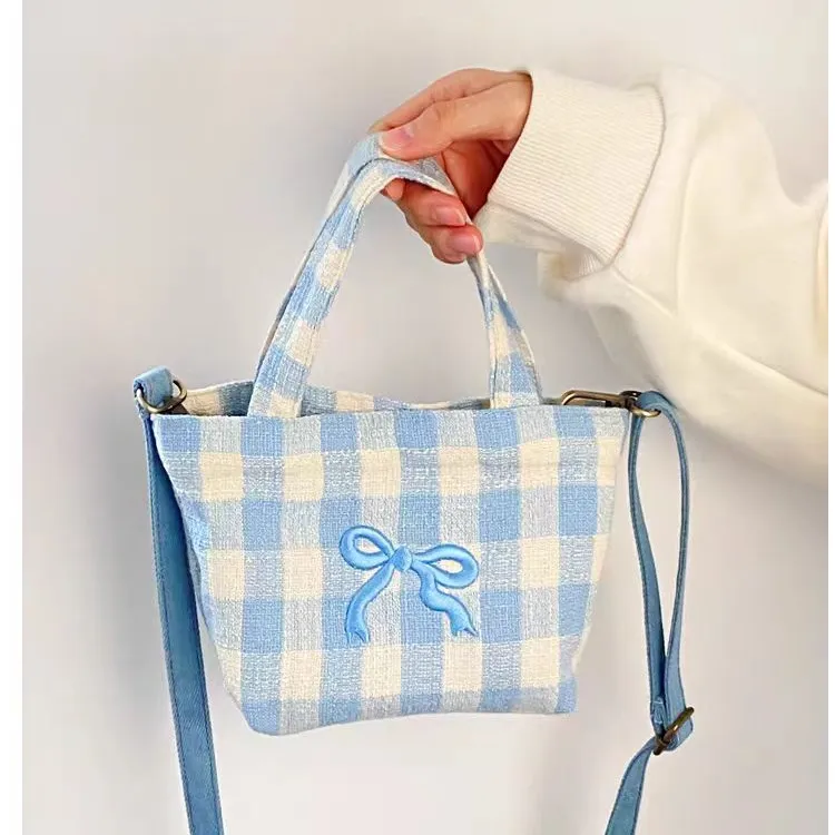 时尚字母刺绣单肩包帆布斜挎包蓝色格子包清新蝴蝶结手提包