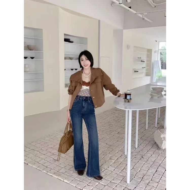 2025冬欧货新款安琦斯正版现货58681植绒版超模喇叭裤牛仔裤女