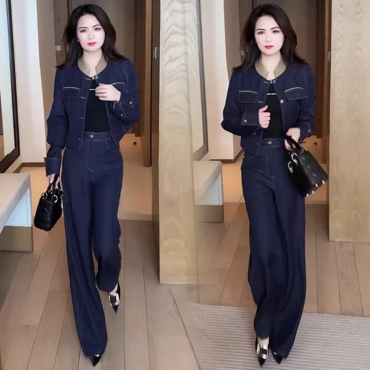 时尚套装女2025春季新款洋气减龄撞色拼接牛仔短外套阔腿裤两件套