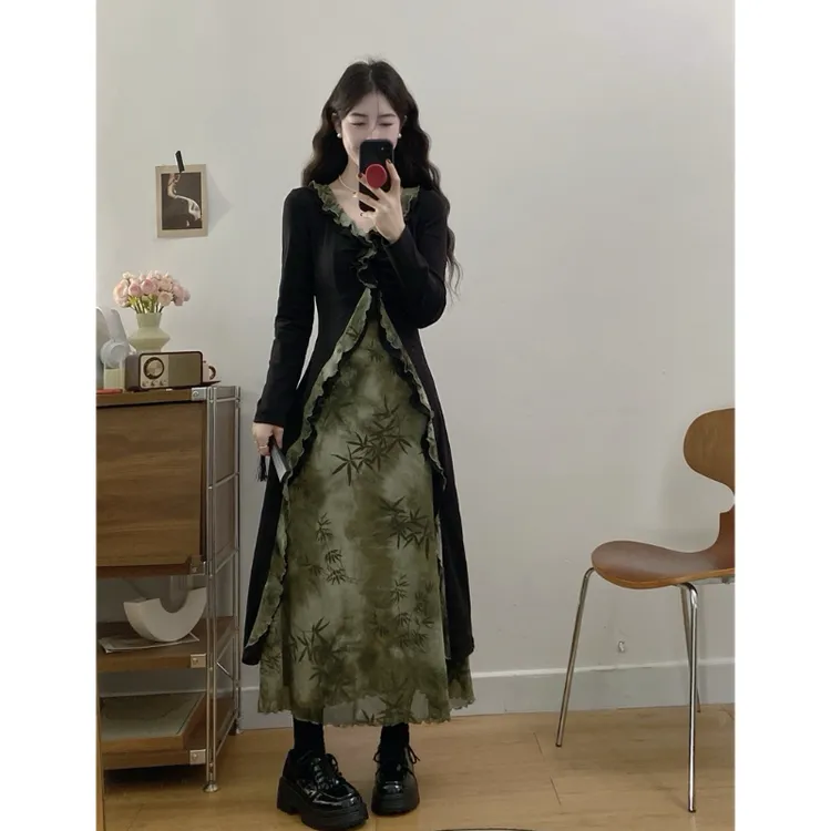 大码2025新中式国风清冷气质假两件连衣裙晕染设计胖MM显瘦长裙