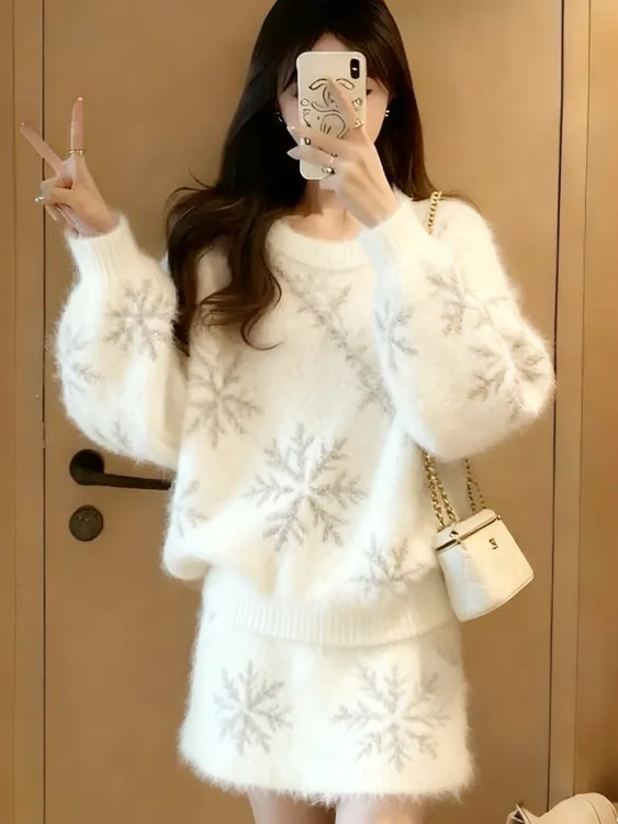 温柔慵懒风雪花针织套装女秋冬甜美百搭毛衣半身裙两件套甜美风