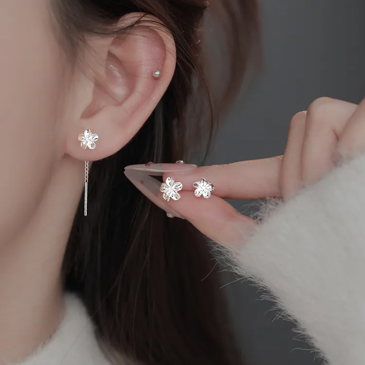 足银耳饰 栀子花耳环精致螺旋养耳洞免摘小巧耳钉设计感国风耳饰
