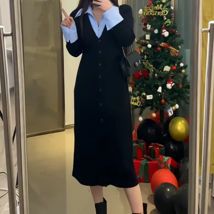 高级感假两件衬衫法式赫本黑色长袖连衣裙大方洋气韩版设计感裙子