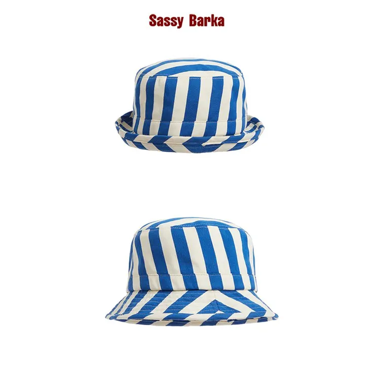 SassyBarka限量蓝白宽条平顶卷檐渔夫帽子小礼帽男女春秋丹宁短檐