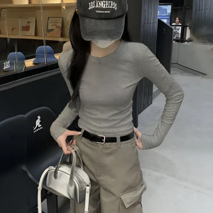 显瘦t恤女长袖纯棉正肩2025年新款圆领打底衫修身小个子内搭上衣
