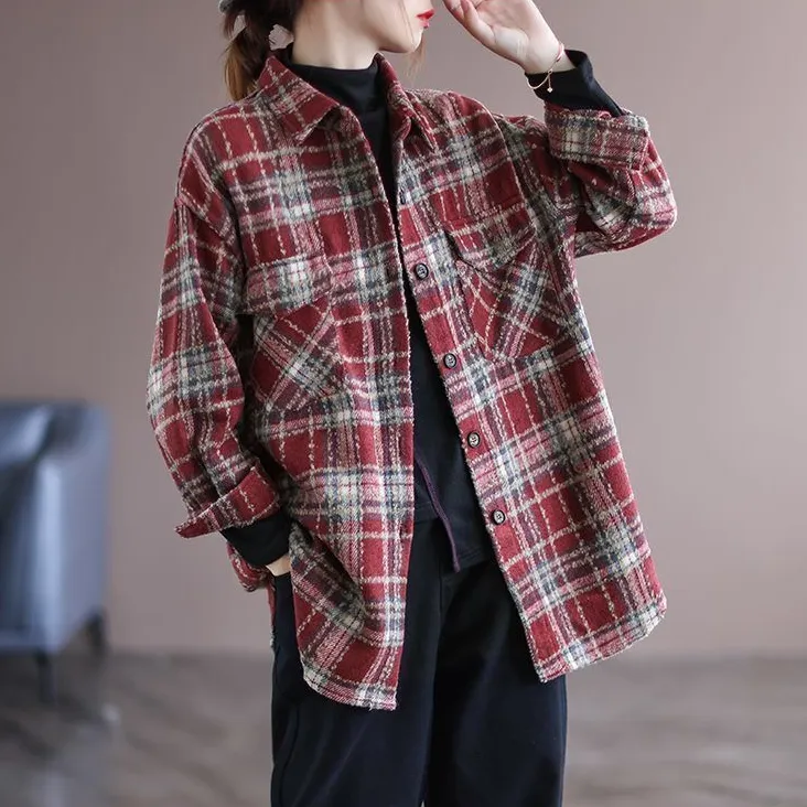 复古风加厚格子磨毛衬衫外套女秋季外穿妈妈休闲百搭长袖开衫衬衣