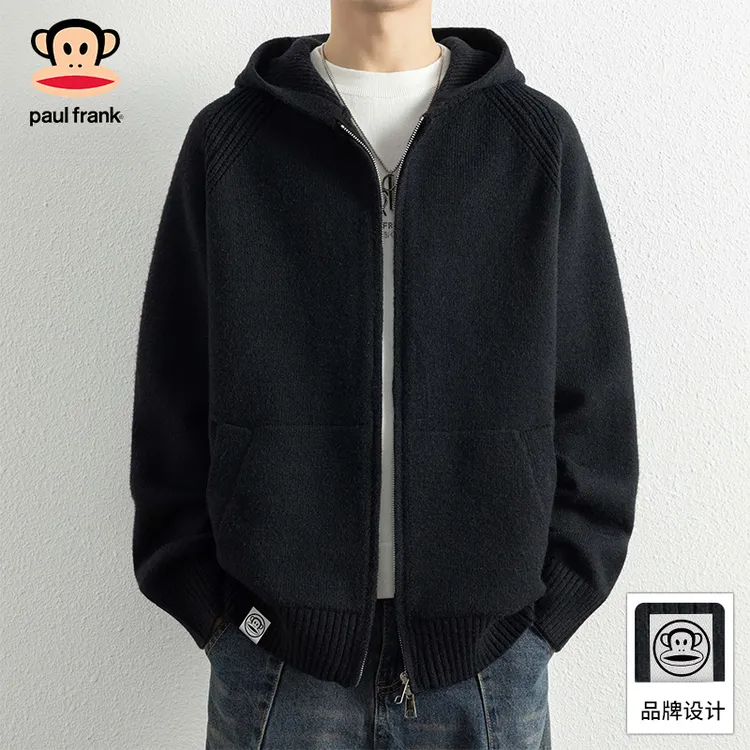 PaulFrank/大嘴猴美式重磅黑色针织毛衣男士秋季新款休闲保暖外套