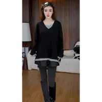3787#新款时尚百搭气质V领假两件设计长袖打底衫