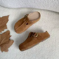 秋日氛围感真皮勃肯包头拖鞋增高5CM