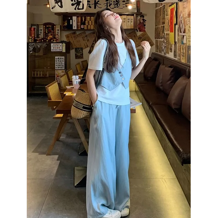 休闲浅蓝色假两件短袖T恤阔腿裤套装女夏2025新款爆款显瘦两件套