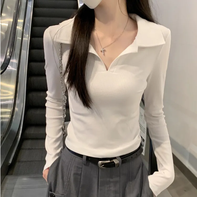 日韩V领长袖T恤衣服女装春秋季通勤休闲百搭修身polo领内搭上衣