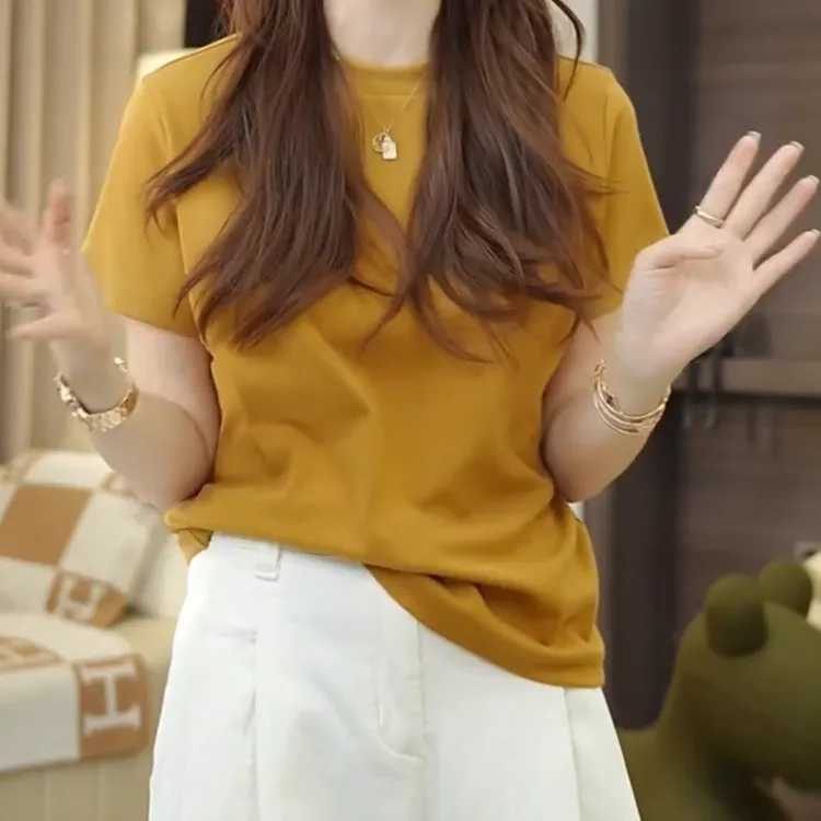 简约短袖纯色T恤女2025新款夏季极简风彩色圆领高品质休闲上衣