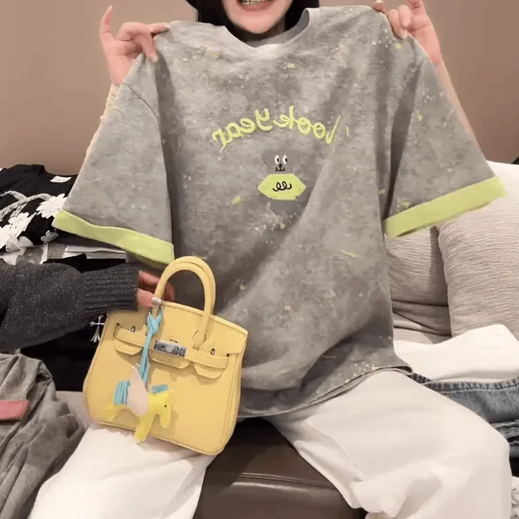 设计感扎染小熊刺绣圆领T恤2025夏季套头款宽松时尚圆领百搭上衣