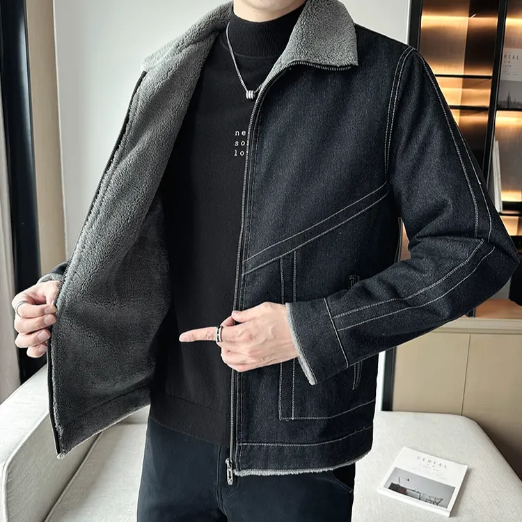 HAMOLENA牛仔外套男士秋冬季加绒加厚保暖时尚翻领帅气夹克上衣