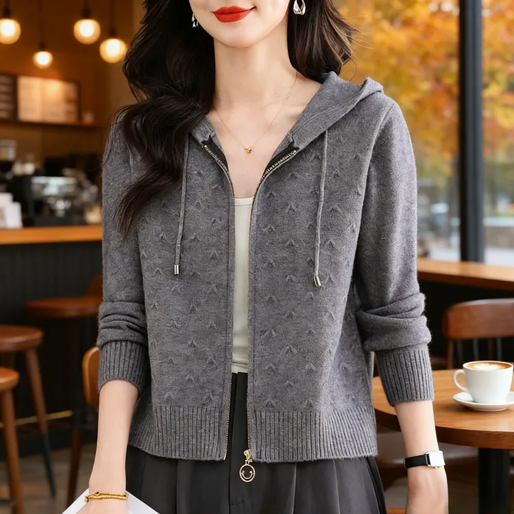重磅爆款羊毛衫针织开衫女早秋高级感休闲上衣连帽卫衣毛衣外套