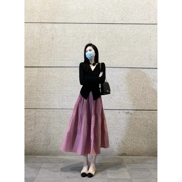早秋穿搭一整套温柔风气质V领针织上衣女粉色百褶裙两件套装女潮