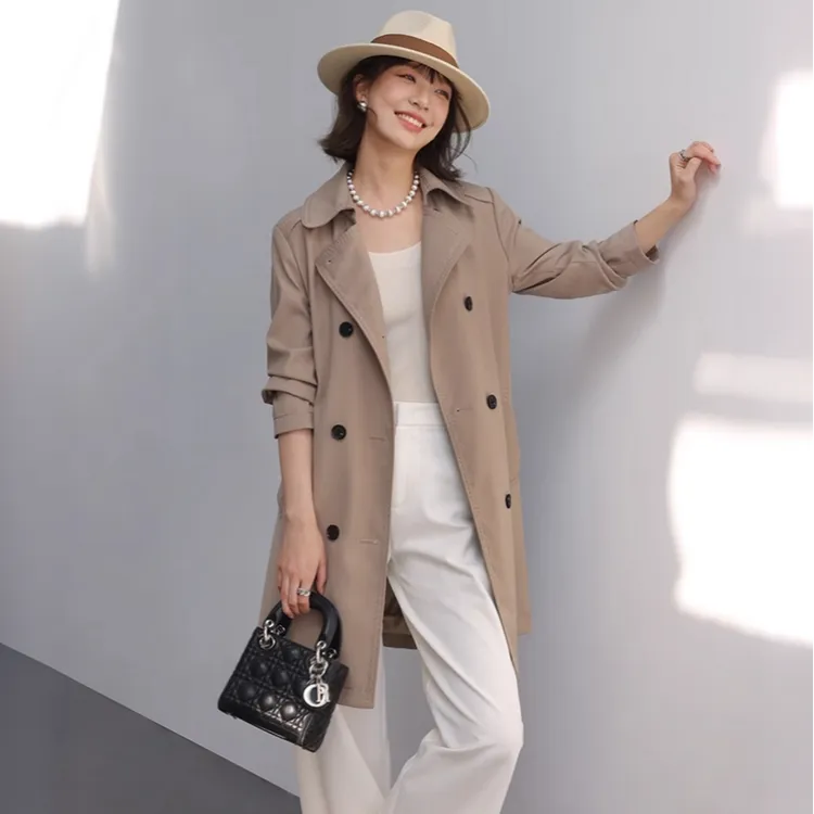 高品优雅大气经典双排扣风衣外套女装宽松缝线中长款大衣春秋新款