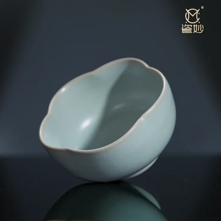 瓷妙柴窑复烧收藏级天青釉花瓣杯古法还原柴烧汝瓷约100cc原矿釉