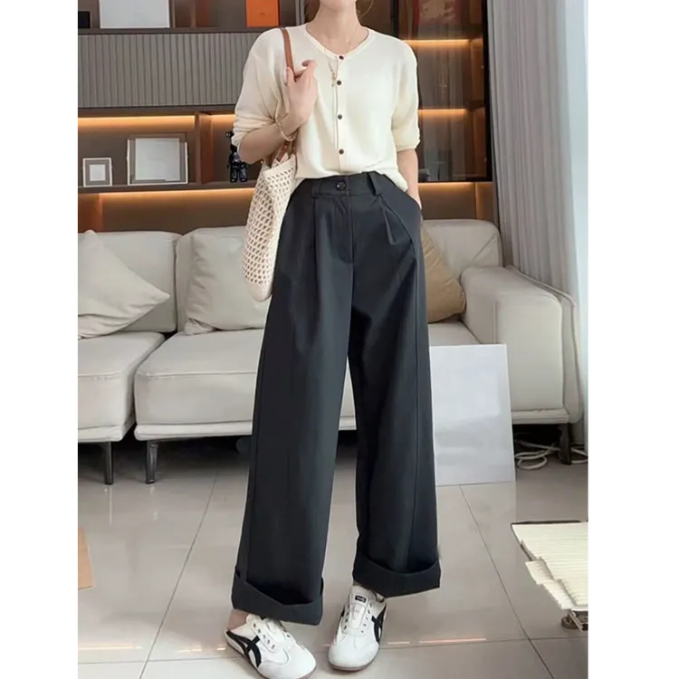 2025秋季新款女装立体剪裁长裤高腰垂感阔腿裤直筒休闲裤子女