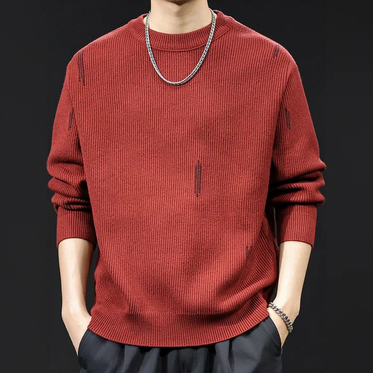 GTRT挑纱针织衫简约圆领休闲毛衣男秋冬宽松大码高端红色衣服