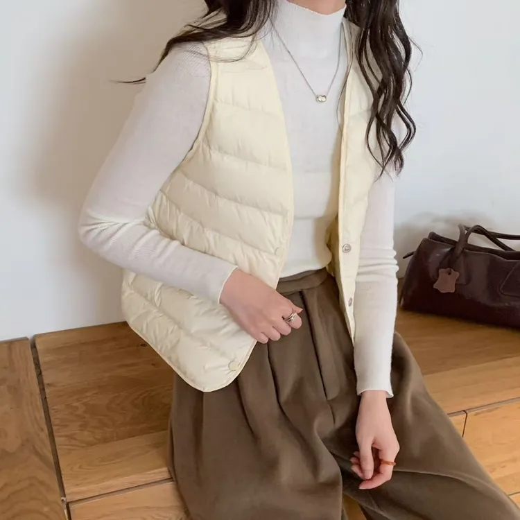 90白鹅绒短款工字型保暖V领纯色马夹秋冬女装女款马甲时尚休闲c01