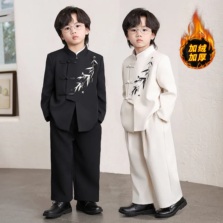 男童新中式礼服水墨竹子印花盘扣中山装外套儿童国风立领西服唐装